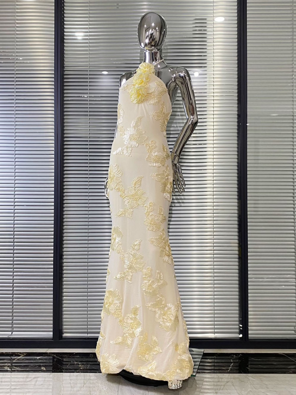 Cream Floral  Halter Neck Mermaid Gown