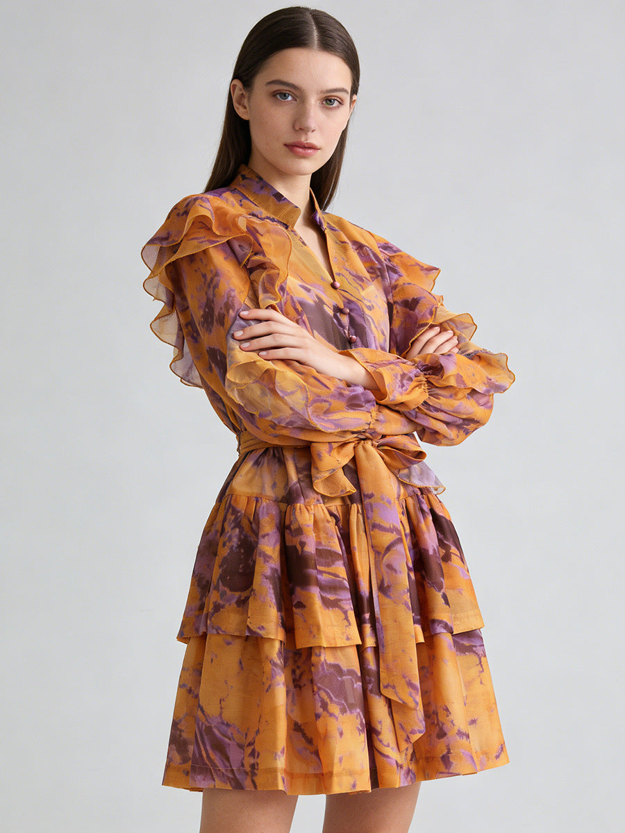 V-neck Ruffled Tie-waist Dress