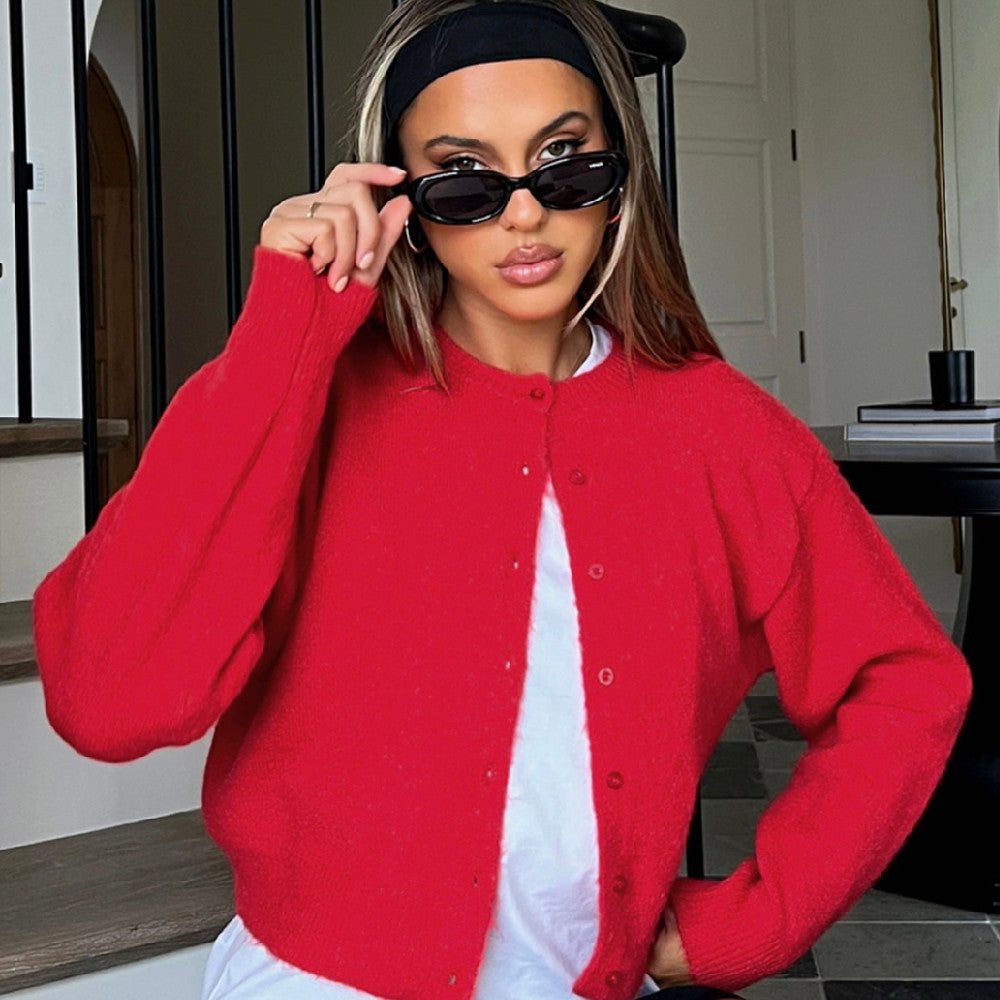 Comfort And Casual Solid Color Woolen Cardigan Short Coat Top Sweater