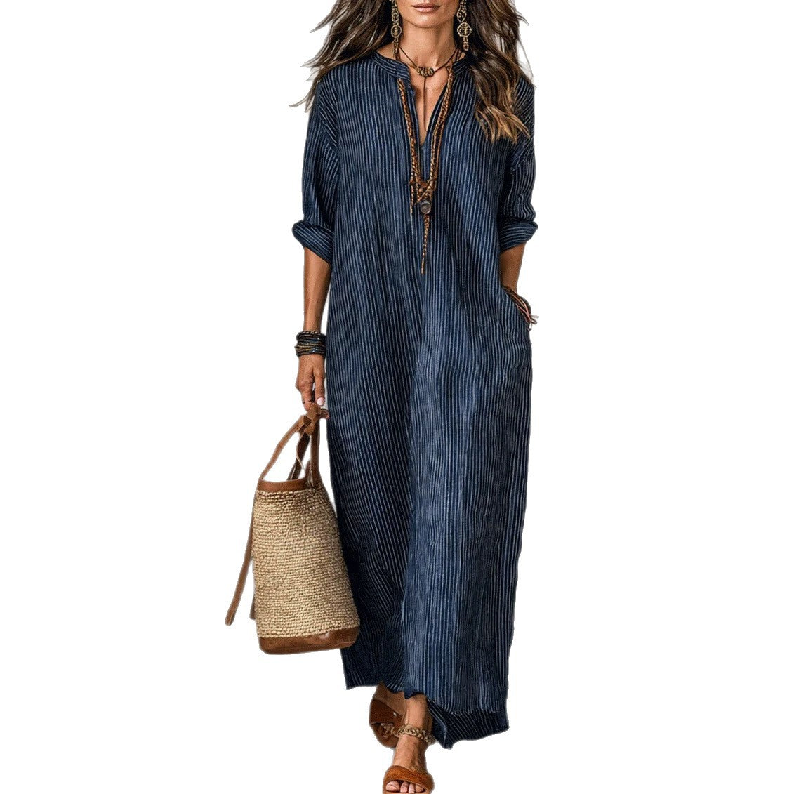 Fashionable V-neck Striped Loose-fit Dress