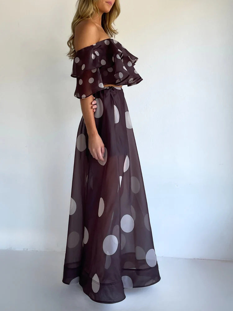 Sexy Strapless Irregular Print Ruffled Fashion Suit Long Dress