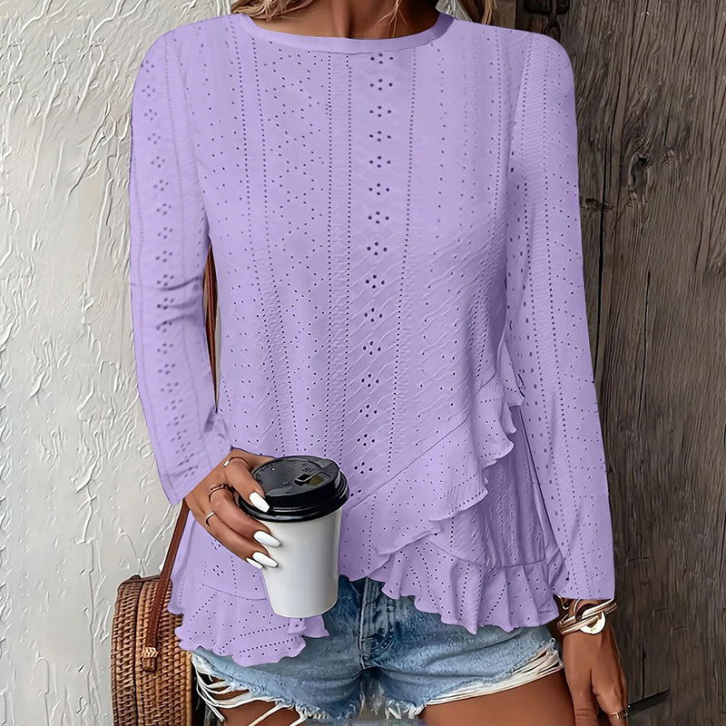 Women Eyelet Long Sleeve Tops Shirts Dressy Casual Crew Neck Ruffle Hem Blouses