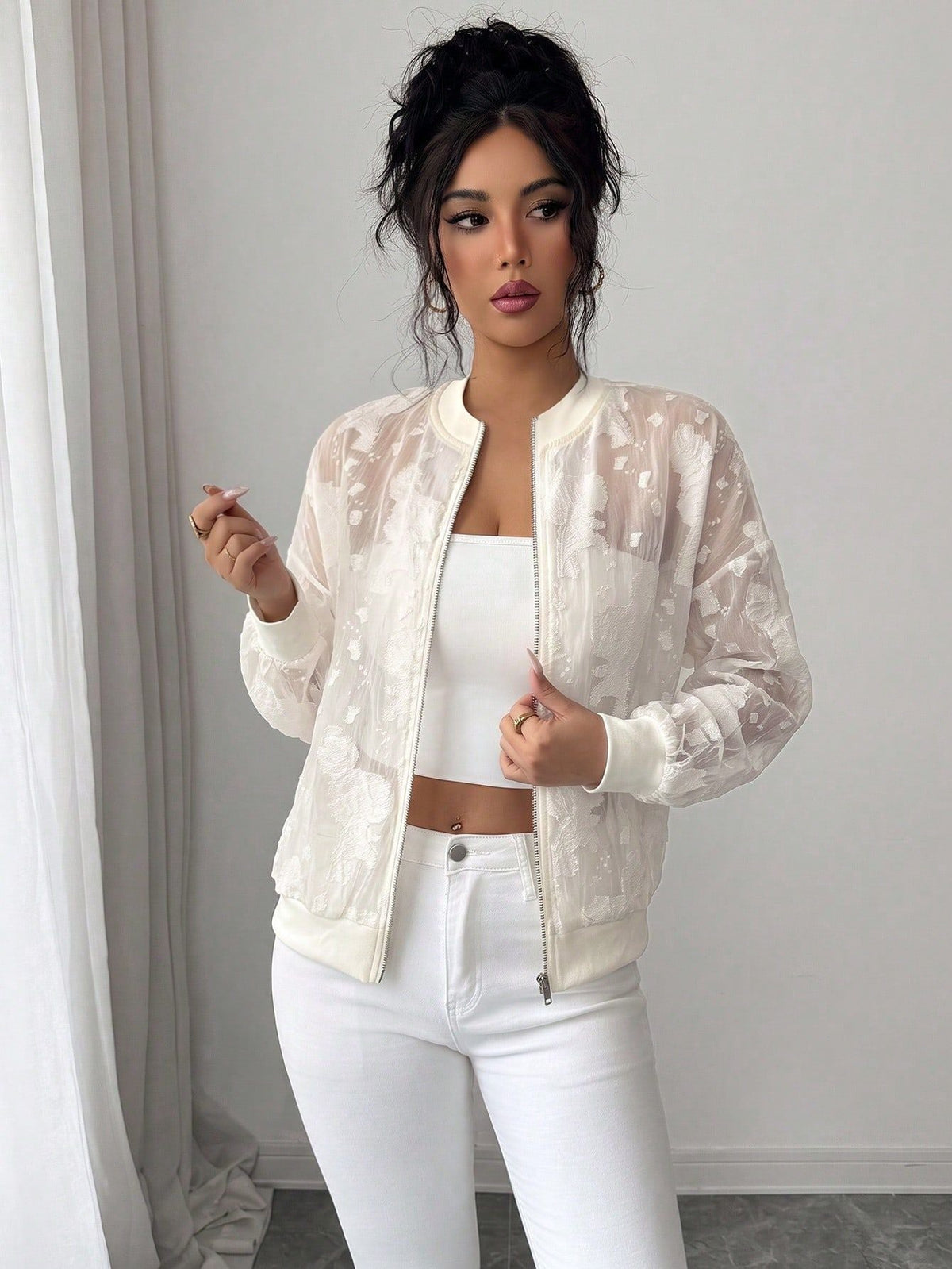 European And American Cross-border 2026 Autumn New Jacquard Jacket Semi-transparent Loose Zipper Rib Collar Cuff Jacket