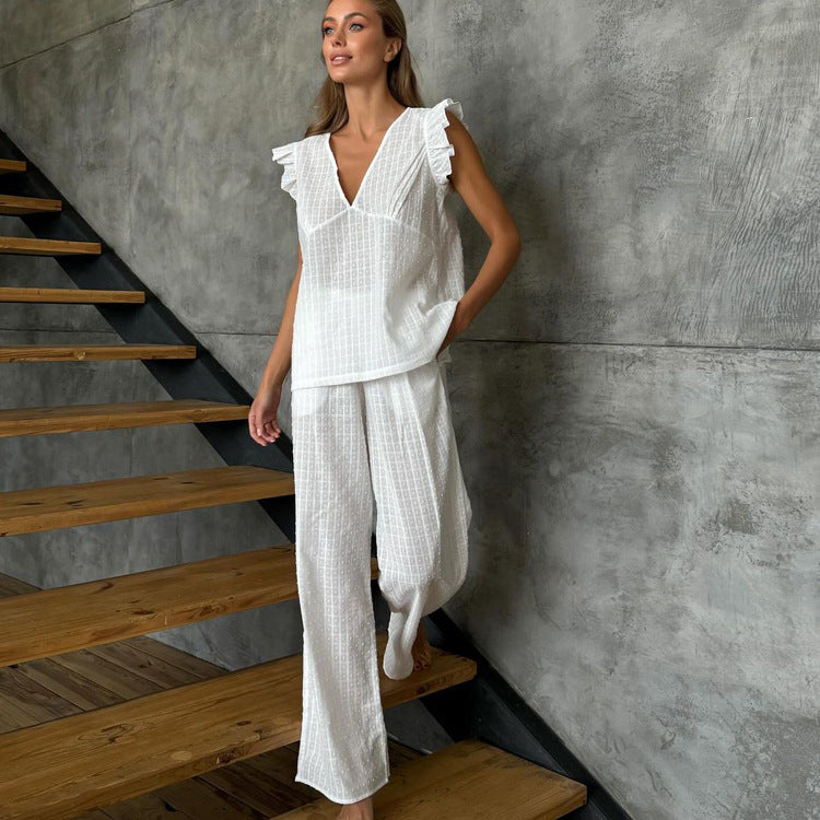Cotton V-neck Flutter Sleeve Top And Trousers Loose Two-piece Casual Set