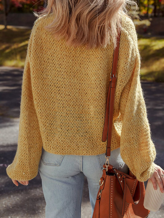 Women Lantern Sleeve Scallop V Neck Buttoned Front Cardigan Sweater