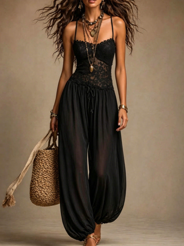 Women's Spaghetti Strap Jumpsuit - Casual Loose Fit Wide Leg Romper Comfortable Summer Fashion Outfit