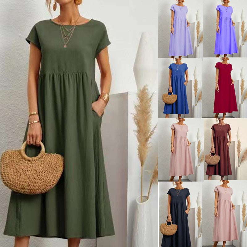 2026 New European And American Women's Round Neck Solid Color Pullover Comfortable Casual Dress