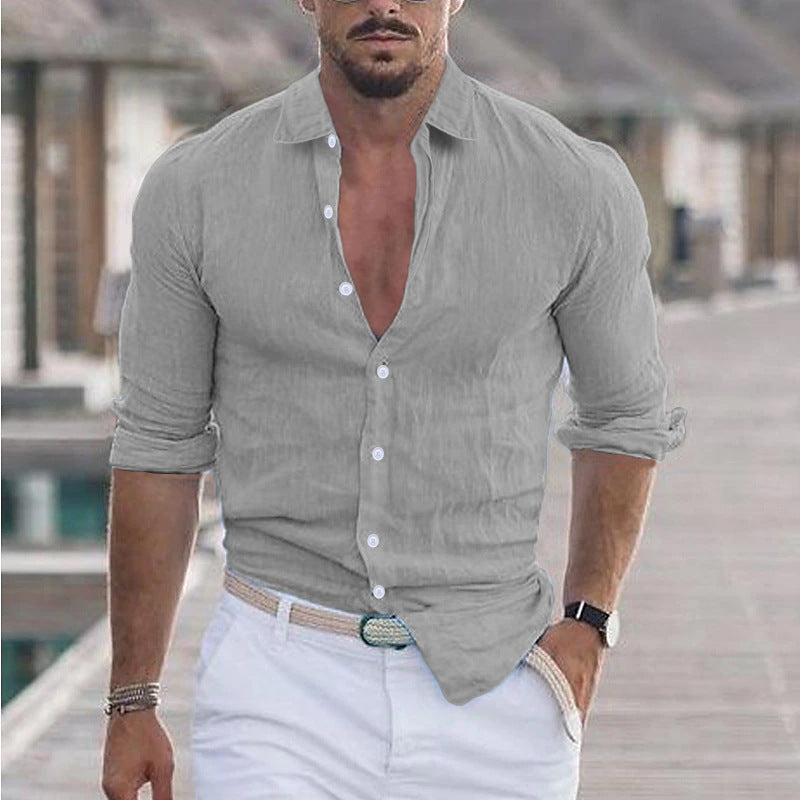 Men's Cotton And Linen Lapel Long Sleeve Solid Color Shirt