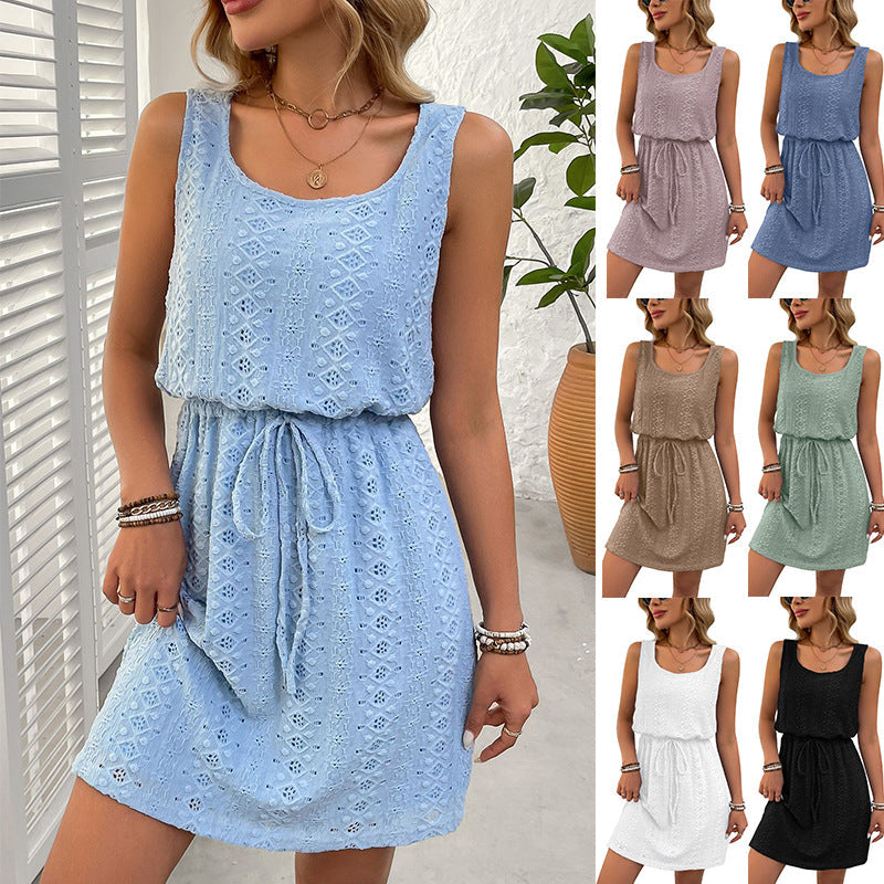 2026 New European And American Women's Square Neck Spring Summer Hollow Texture Drawstring Sleeveless Dress