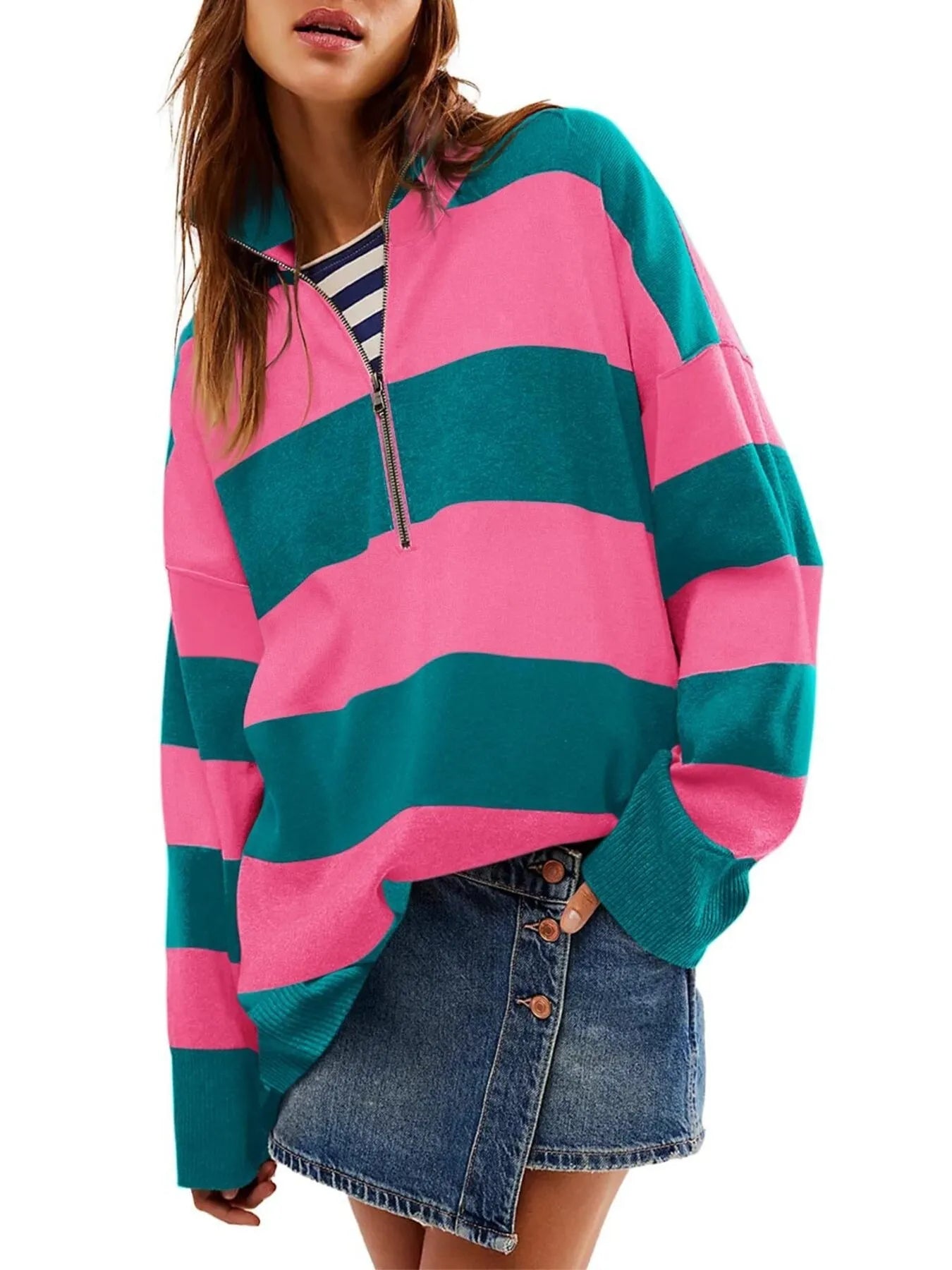 Striped Half-Zip Oversized Sweatshirt