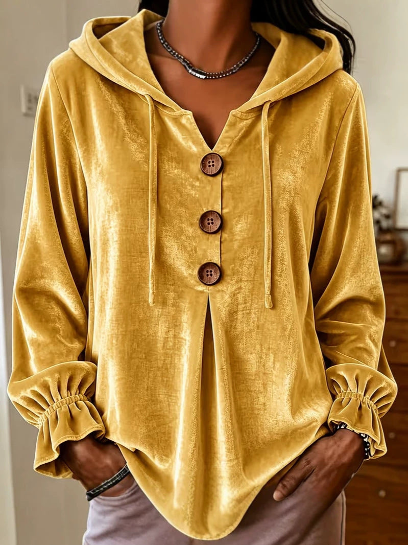 Annuo  2026 Women Casual Button Drawstring Hoodie, European American Style Long Sleeve Top