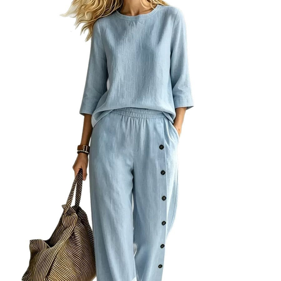 2026 European And American Women's Fashionable Solid Color Buckle Design Casual Loose Two-piece Set