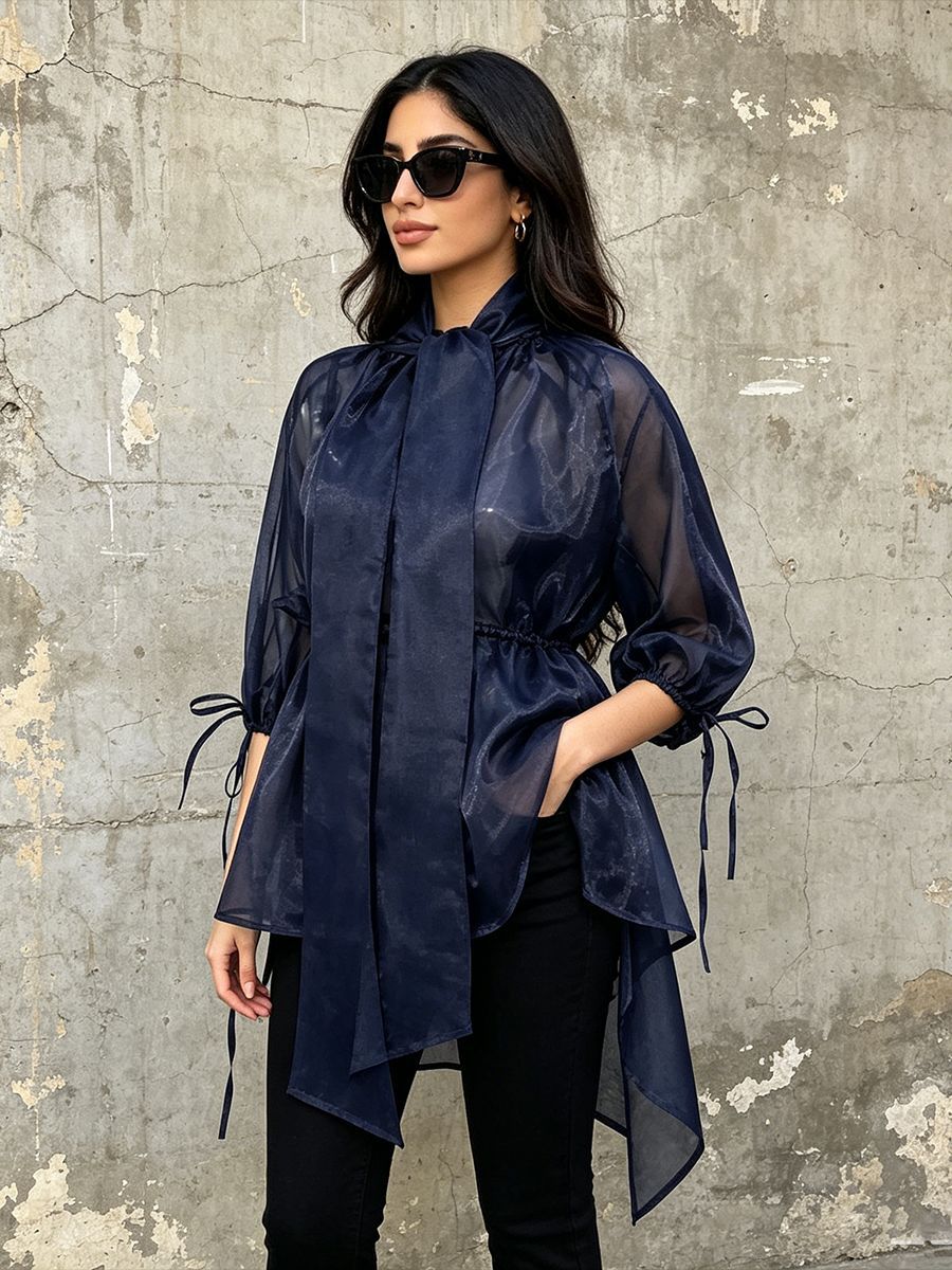 Navy Organza Bow Neck Drawstring Waist Sheer Long Sleeve Blouse