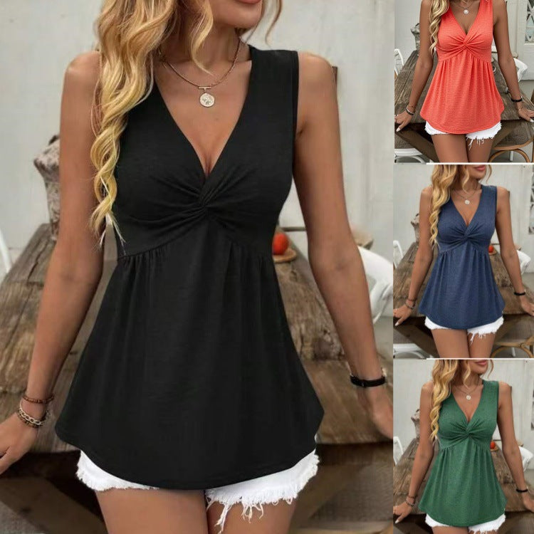 Sleeveless V-neck Design With A Twisted Ruched Waist-cinching Detail On The Back