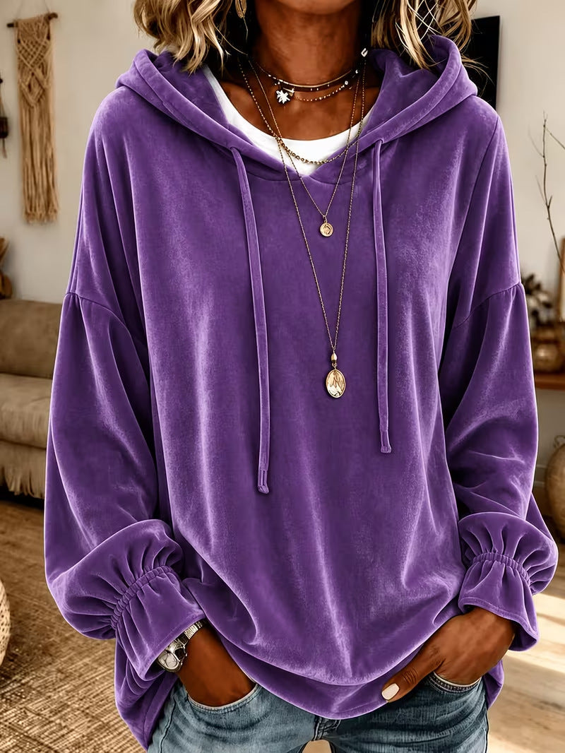 Annuo 2026 European American Women Fall Winter Loose Drawstring Velvet Hooded Sweatshirt