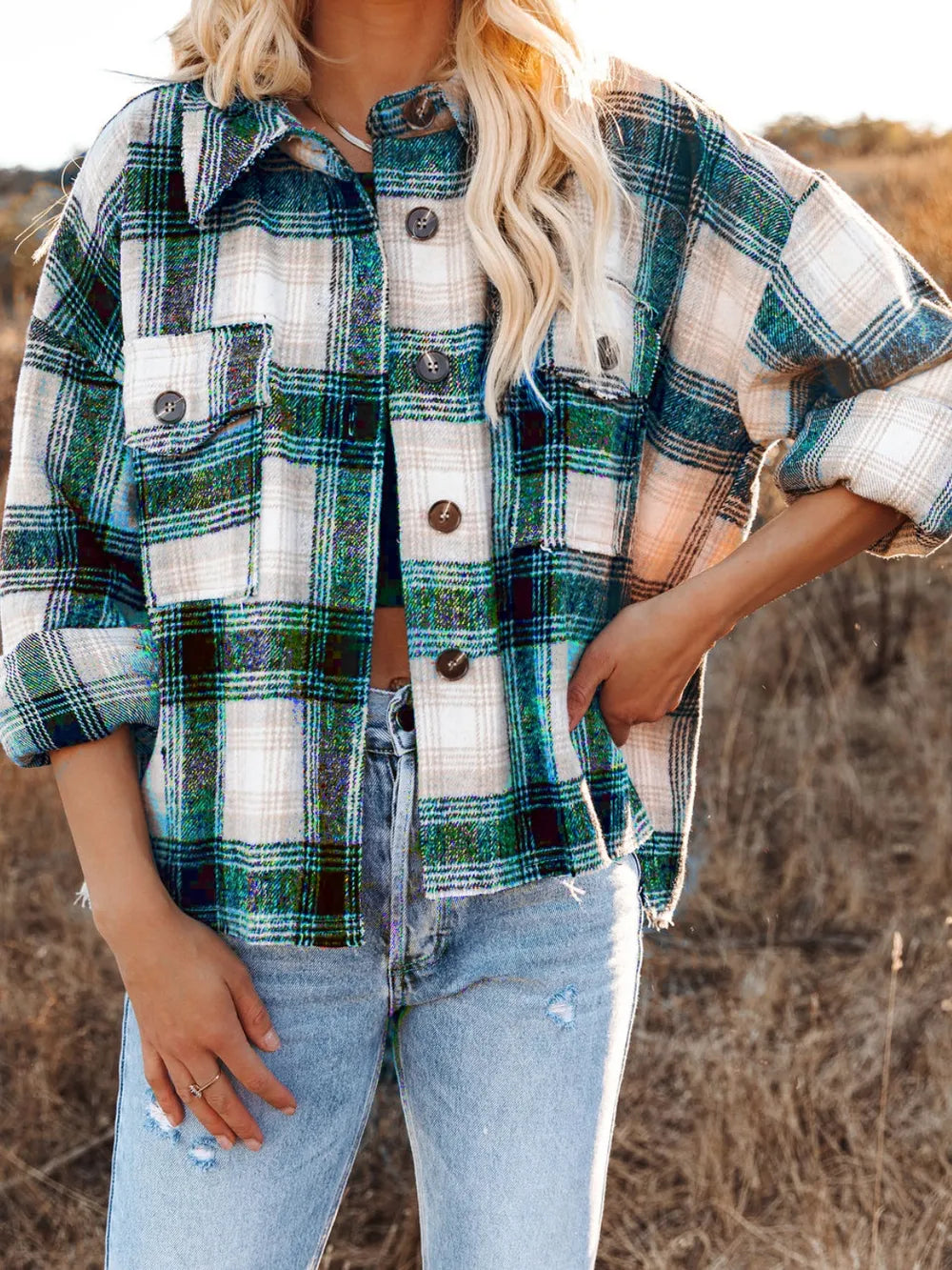 Women Pocketed Plaid Button Down Long Sleeve Shacket