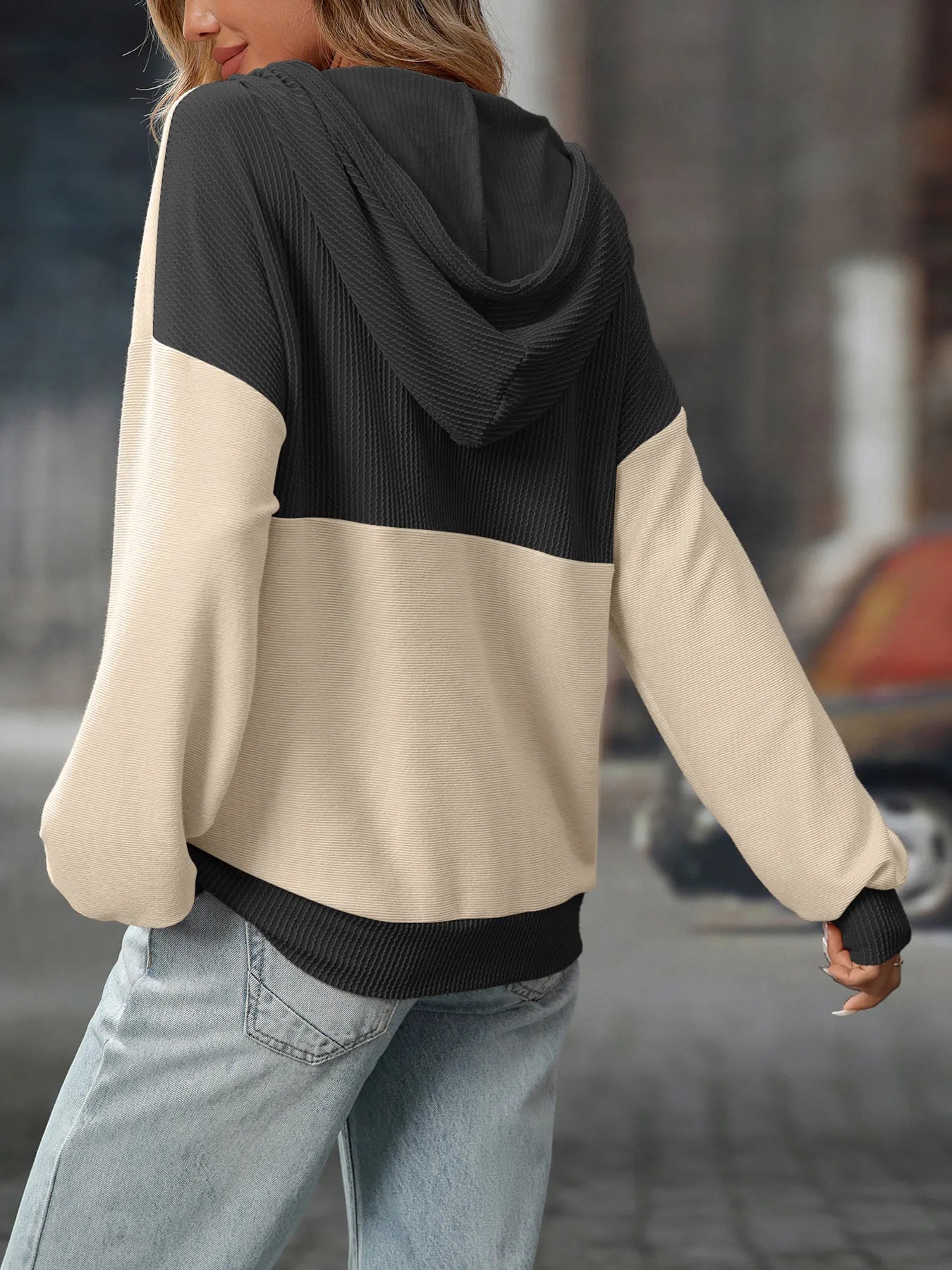 Drawstring Button Detail Long Sleeve Hoodie