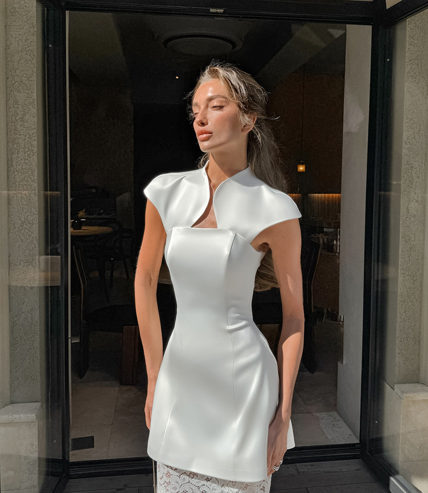 Commuter-appropriate Two-piece Set- Irregular Strapless Top And White Lace Skirt