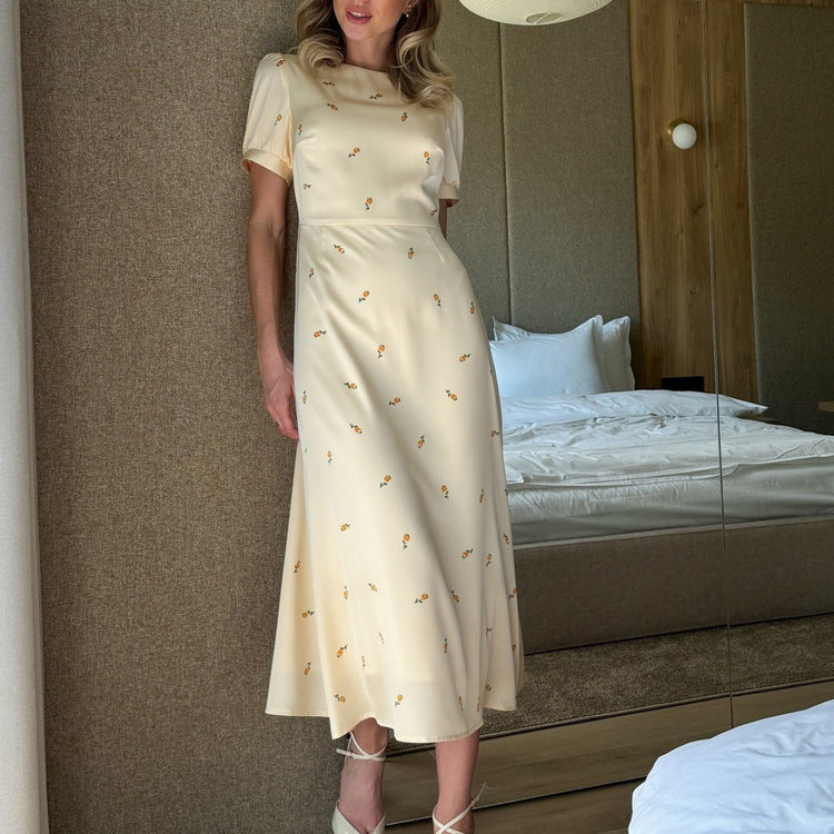 Cream Yellow Floral Print Satin Midi Dress