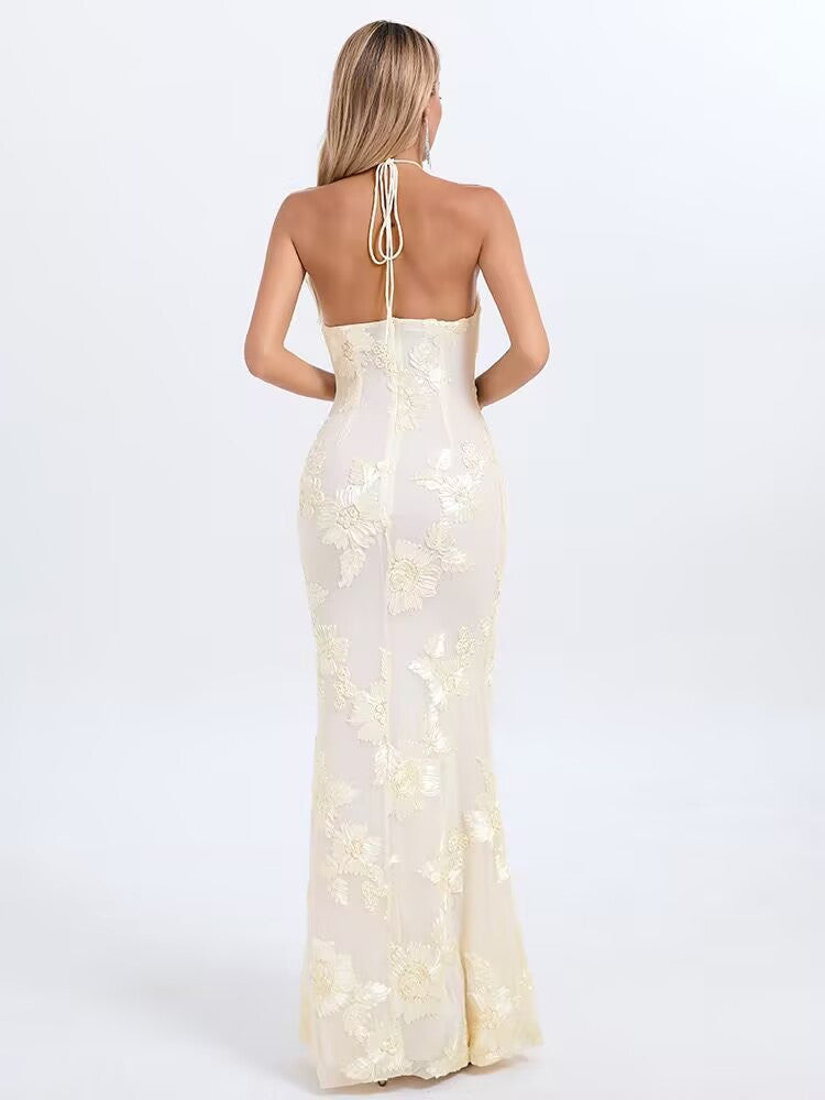 Cream Floral  Halter Neck Mermaid Gown