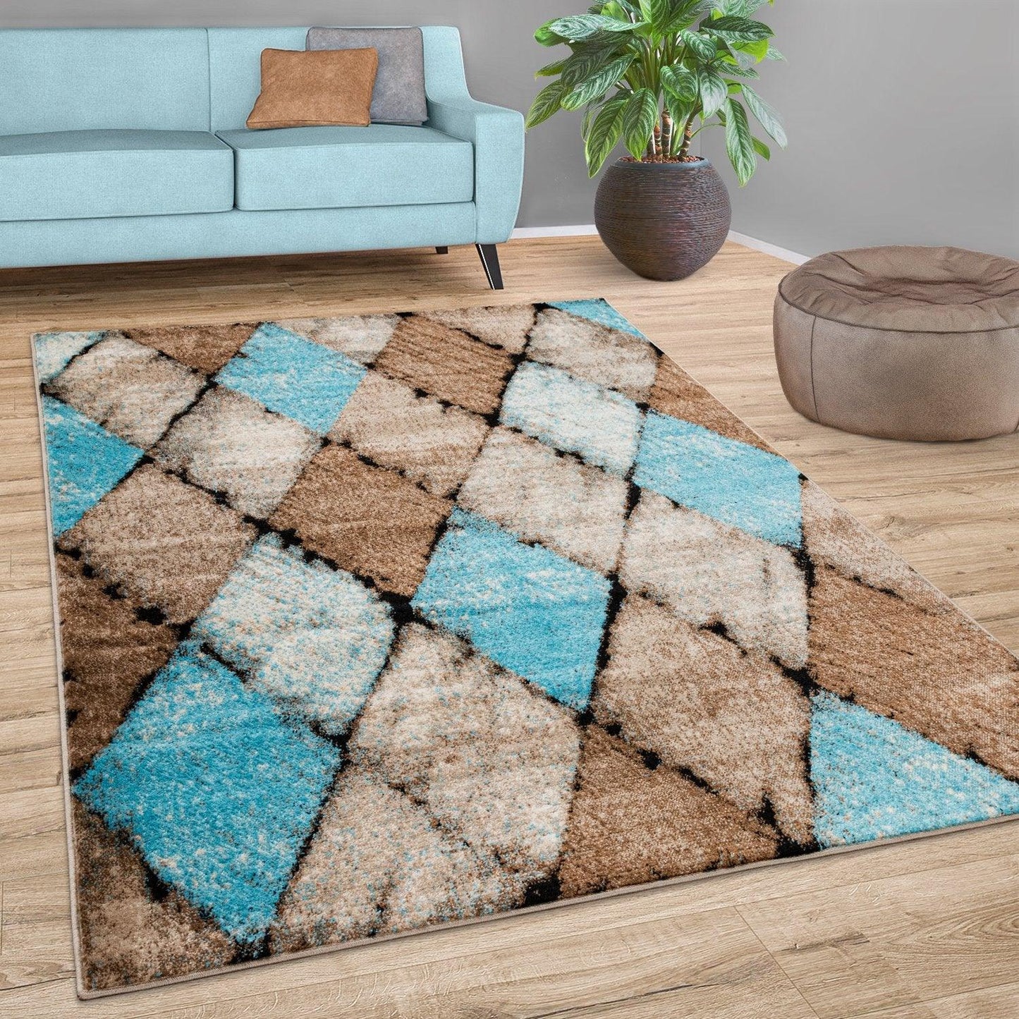 Beige Blue Area Rug Modern Diamond Pattern Low-Pile