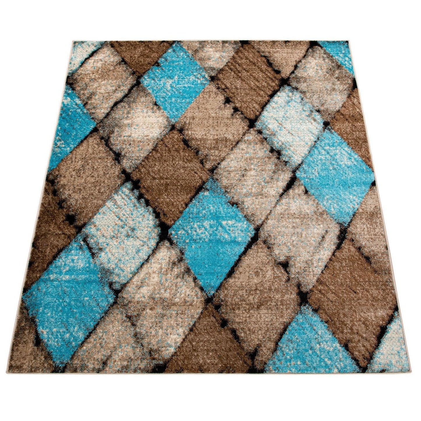 Beige Blue Area Rug Modern Diamond Pattern Low-Pile