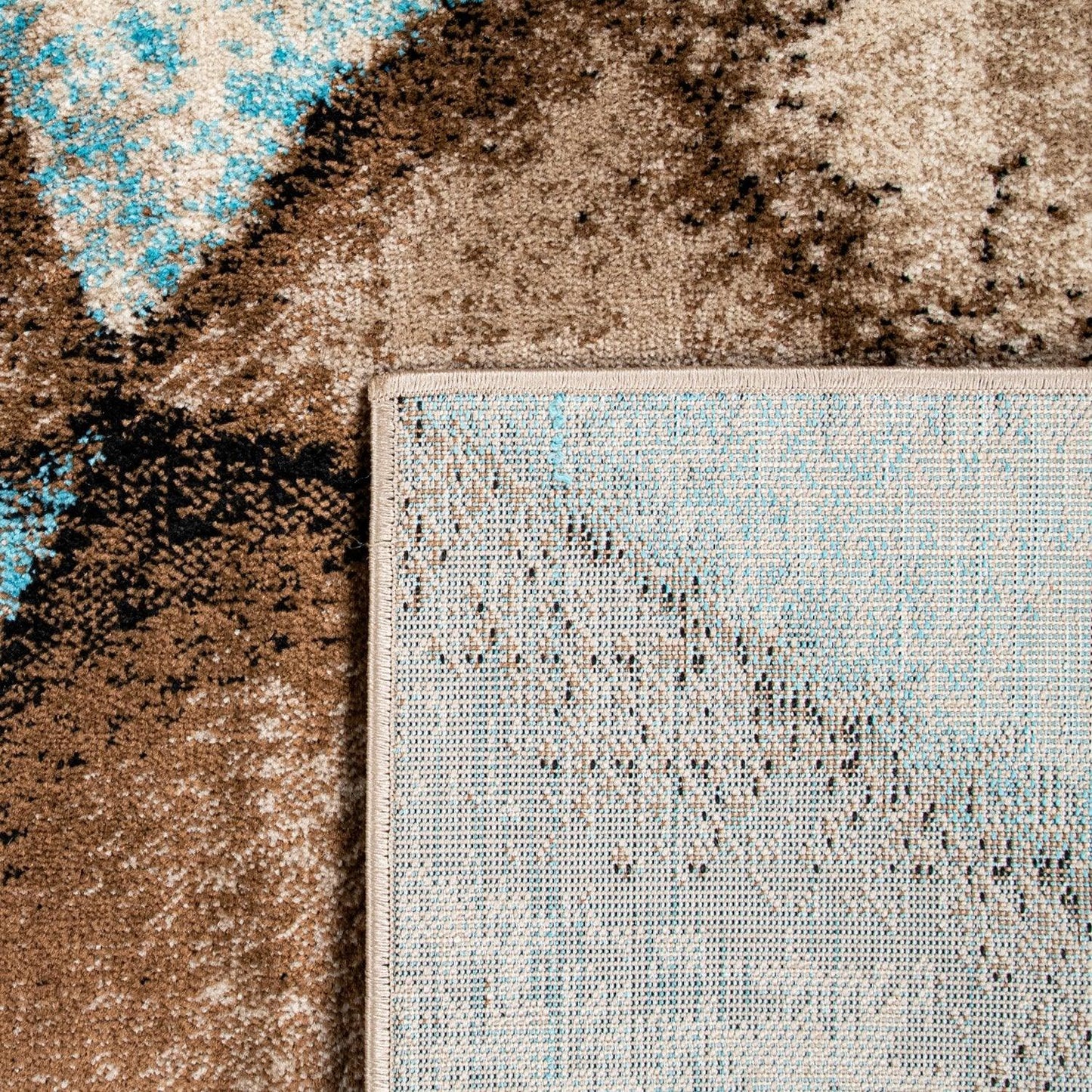 Beige Blue Area Rug Modern Geometric Pattern Low-Pile