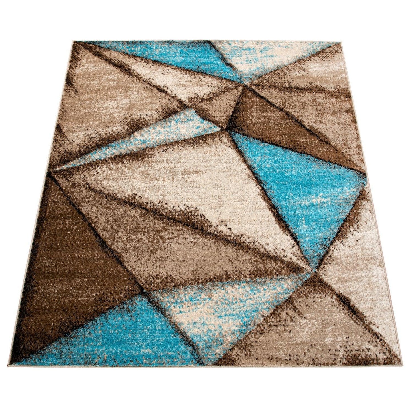 Beige Blue Area Rug Modern Geometric Pattern Low-Pile