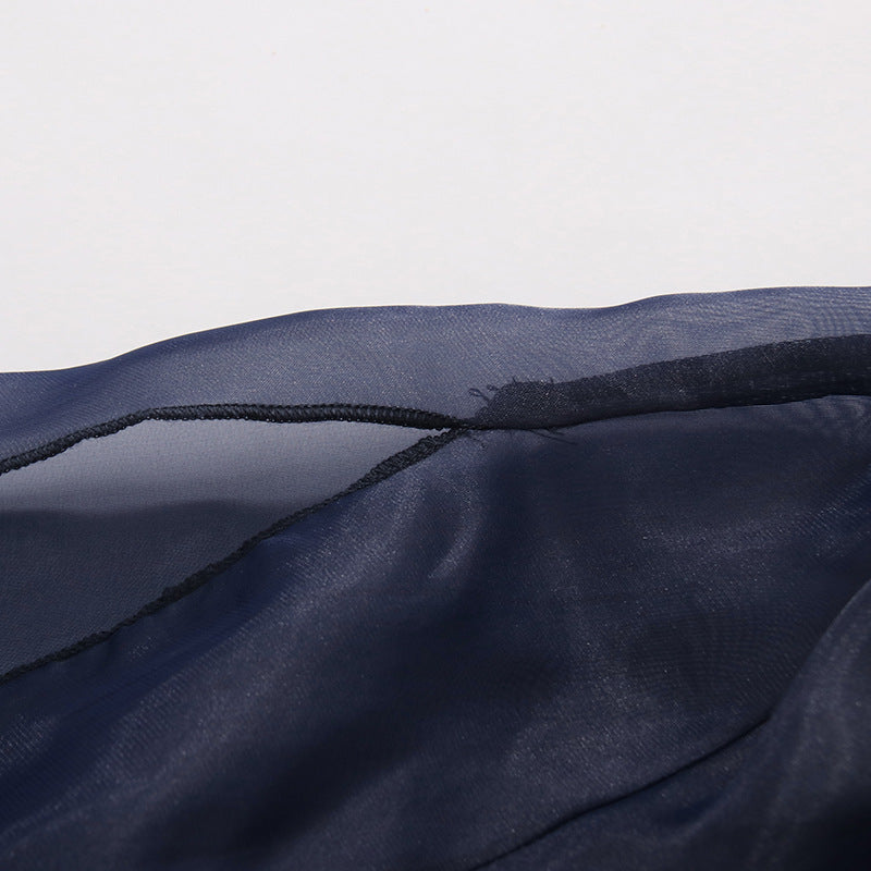 Navy Organza Bow Neck Drawstring Waist Sheer Long Sleeve Blouse