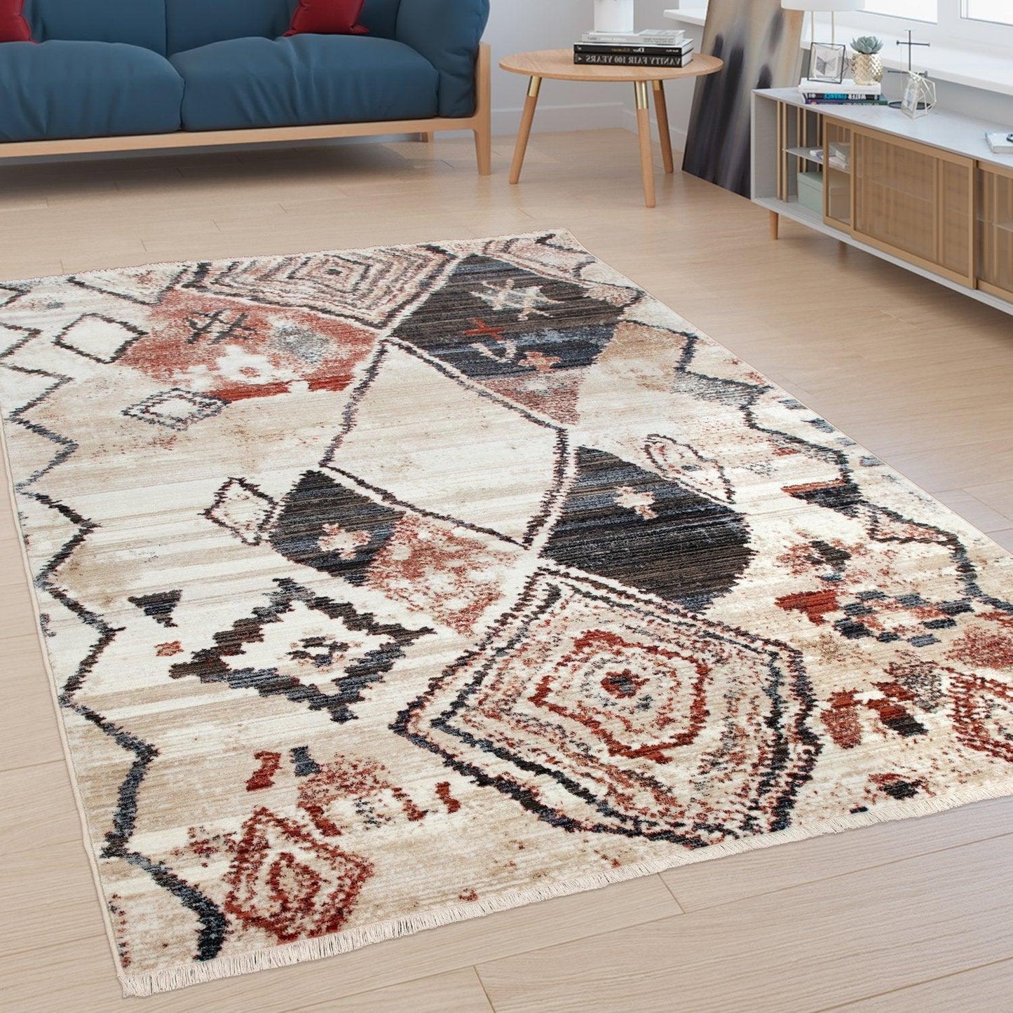 Boho Rug For Living Rooms Diamond Pattern Red Cream