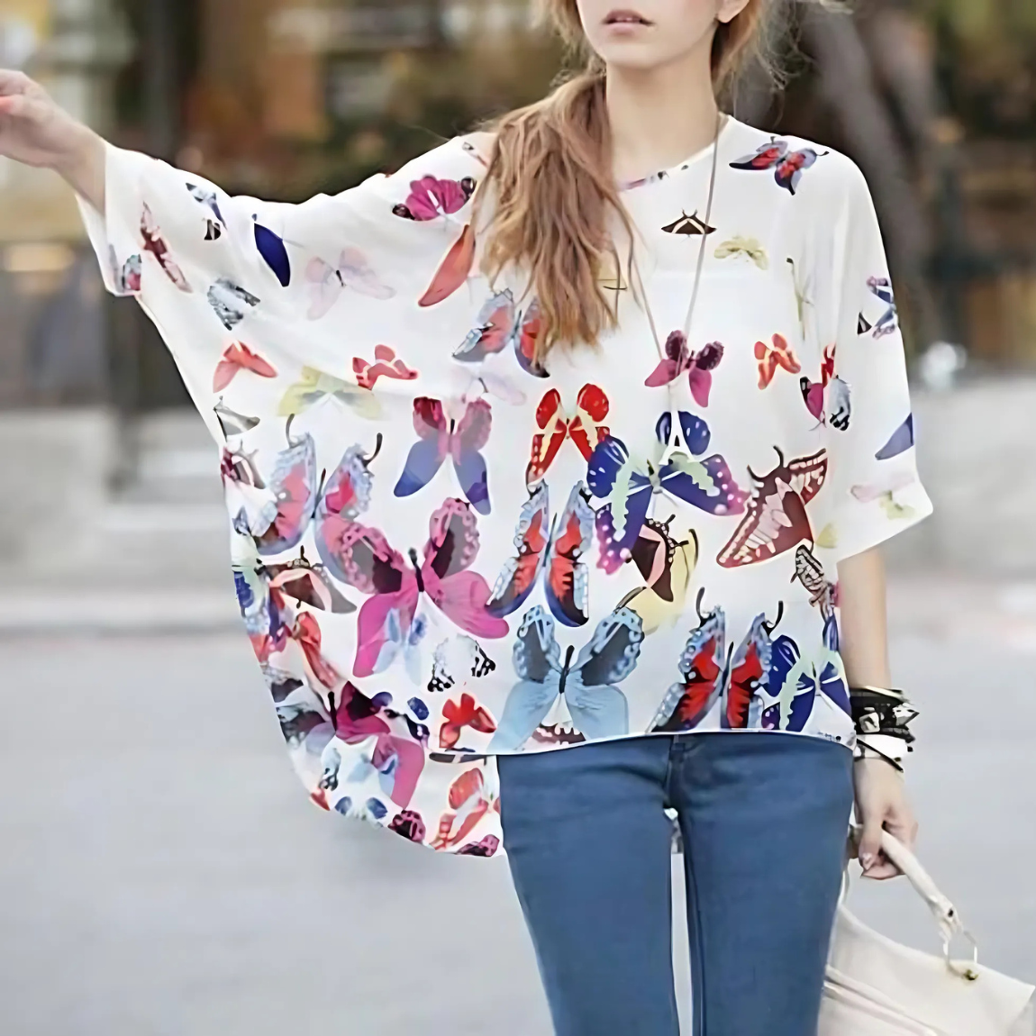 Womens Loose Fit Butterfly Theme Batwing Top