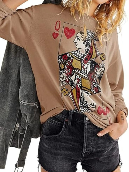 Queen of Hearts Playing Card Graphic Round Neck Sweatshirt