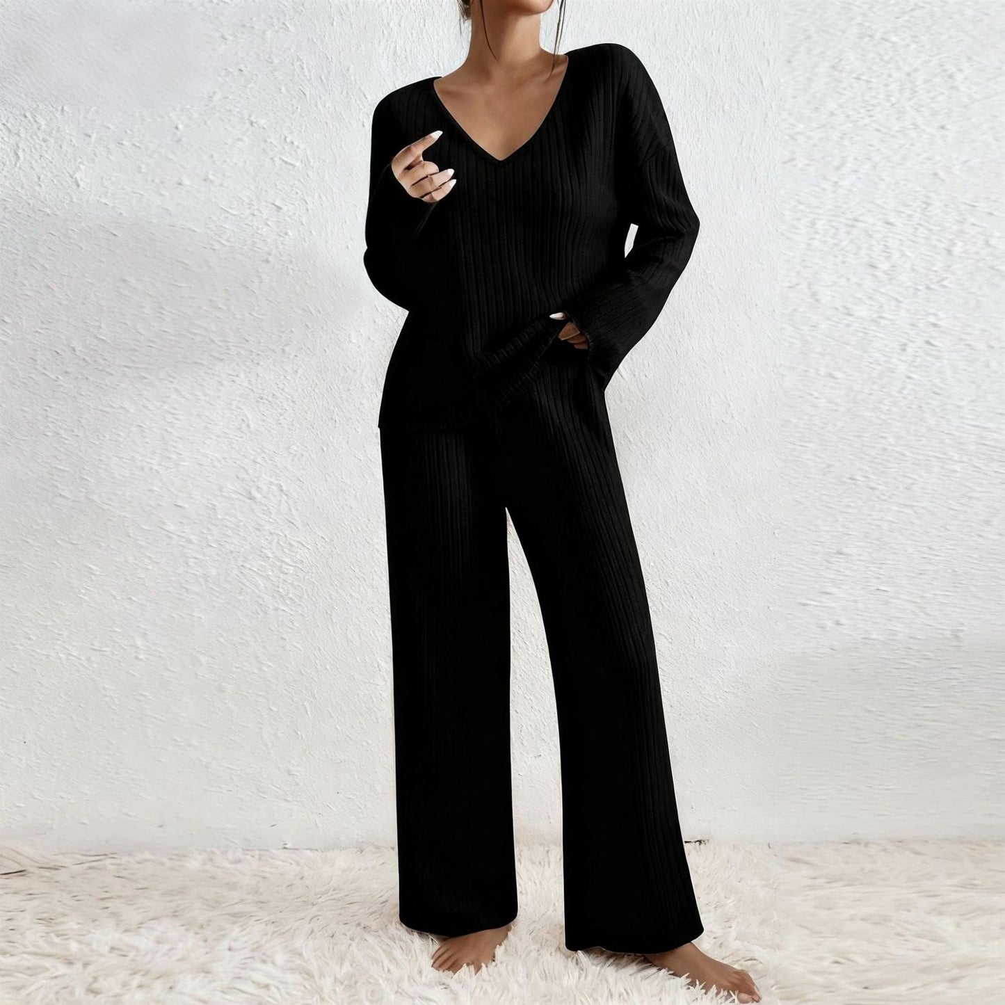 Long Sleeve V-neck Knitted Sunken Stripe Brushed Loose Leisure Suit
