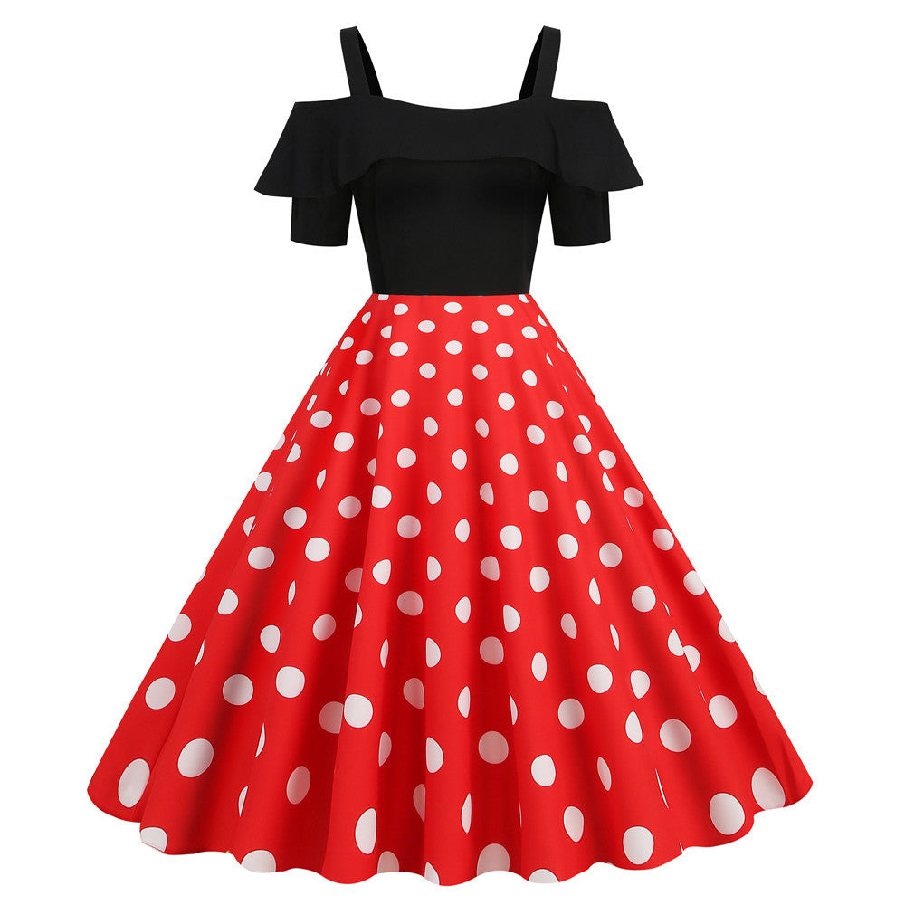 Lotus Leaf Edge Suspender Short Sleeved Black Polka Dot Big Swing Dress