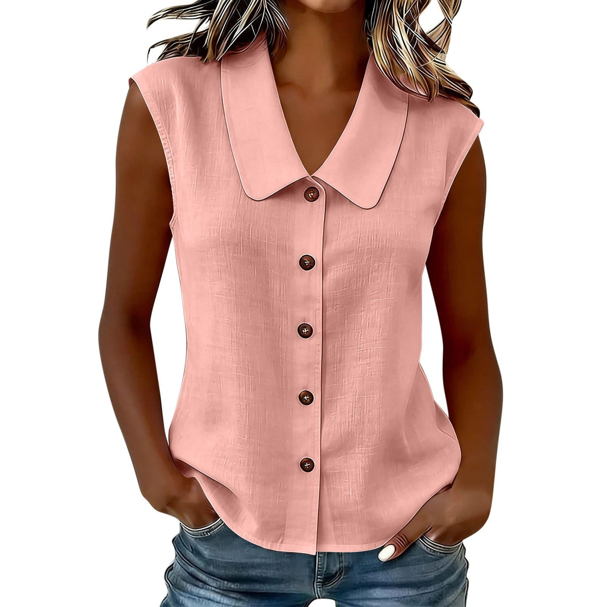2026 Spring Summer Women S Elegant Business Polo Neck Button Down Blouse Without Sleeves