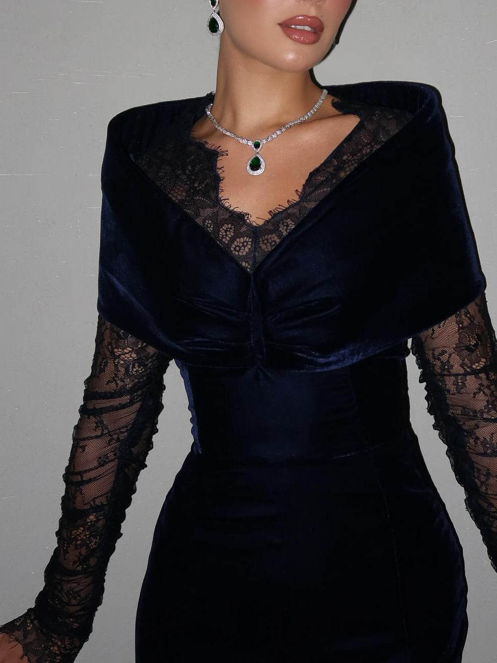 Navy Blue Velvet Lace Long-Sleeve Gown