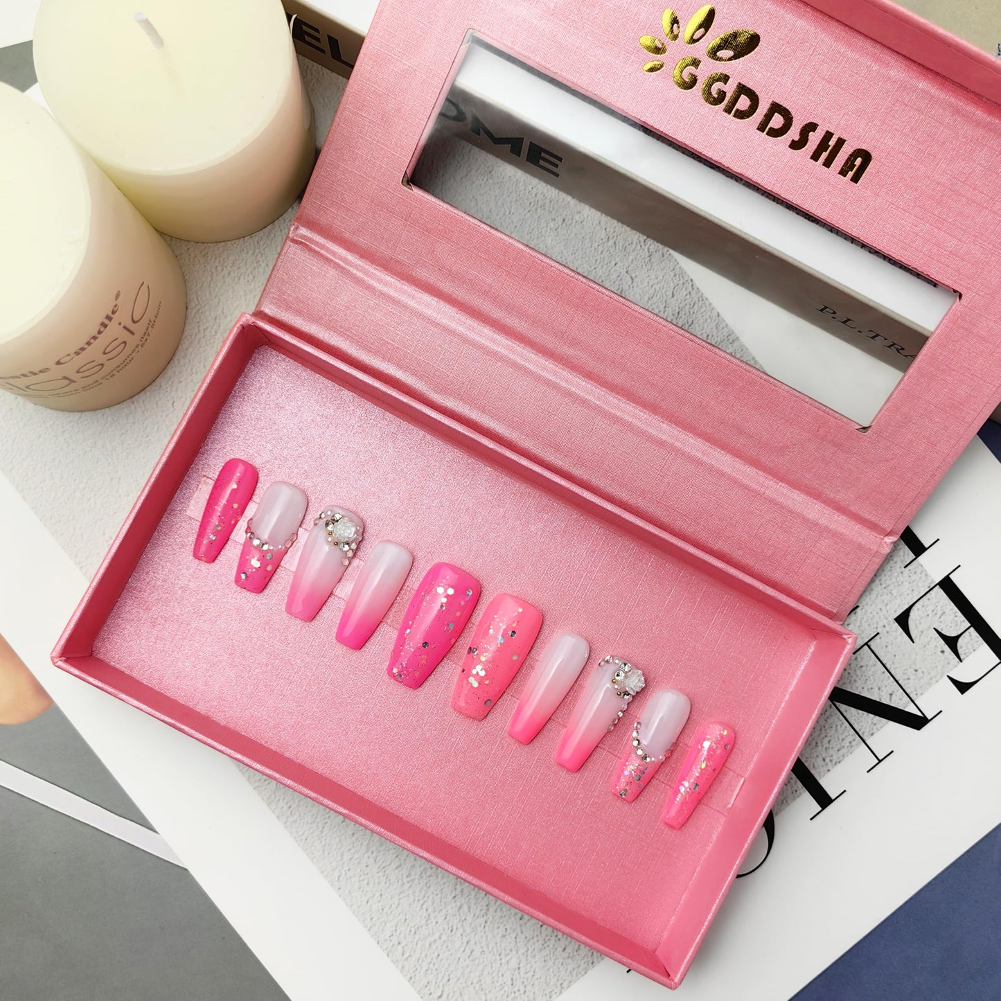 GGddsha Nails Handmade Pmma Acrylic Nails Press On NailsShort Reusable Fake False Nails Kit With Box Gifts ForWomen,Blush Elegance