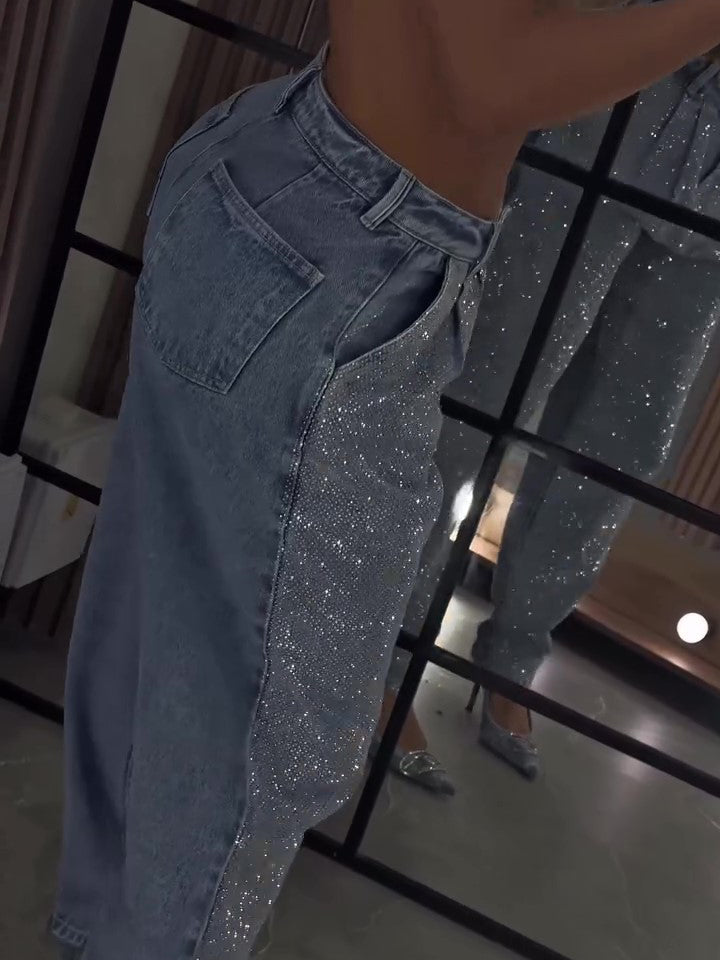 Elegant Glittery Denim Crop Top And Pants Ensemble