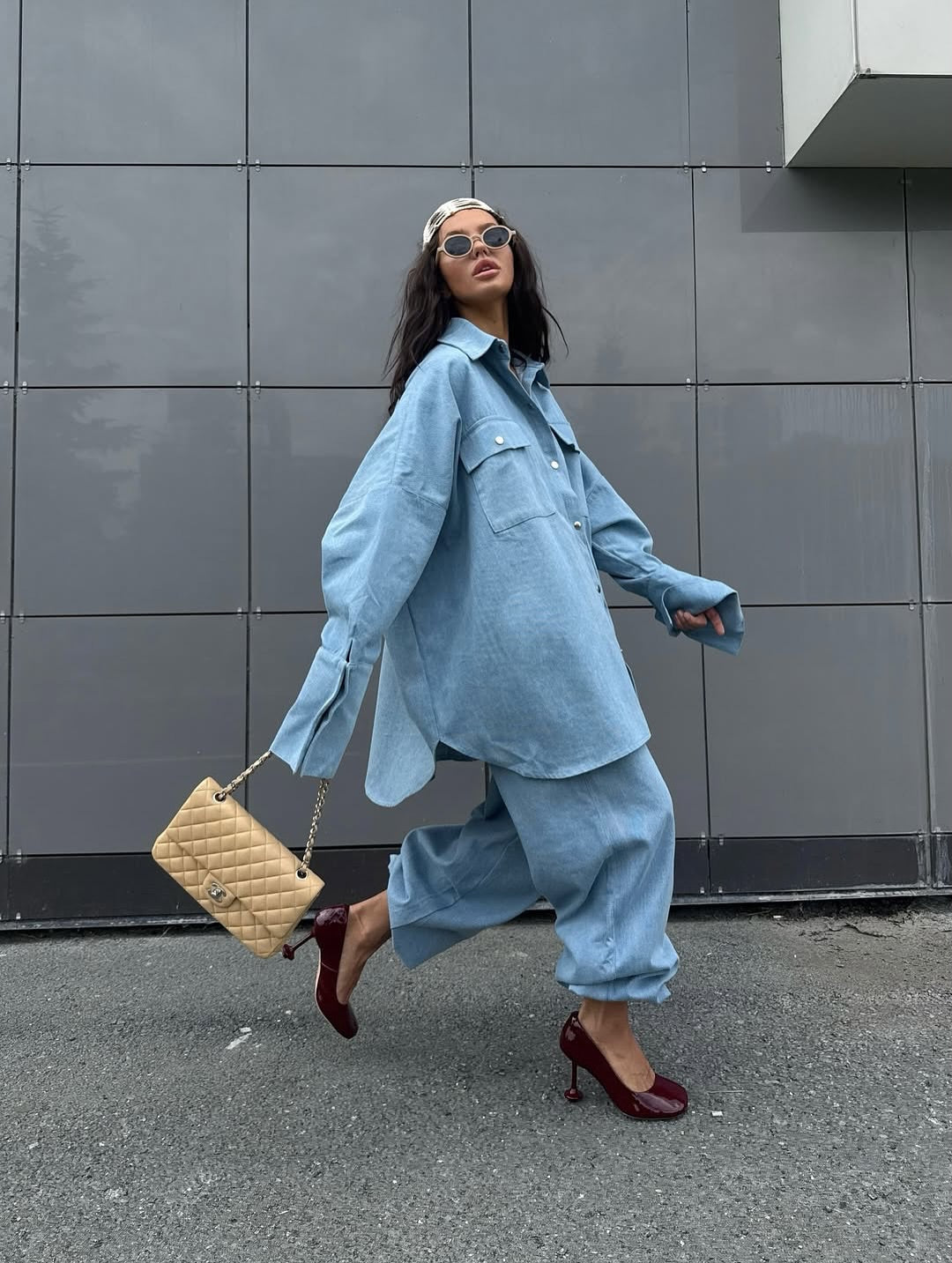 Light Blue Denim Oversized Shirt And Baggy Pants Set
