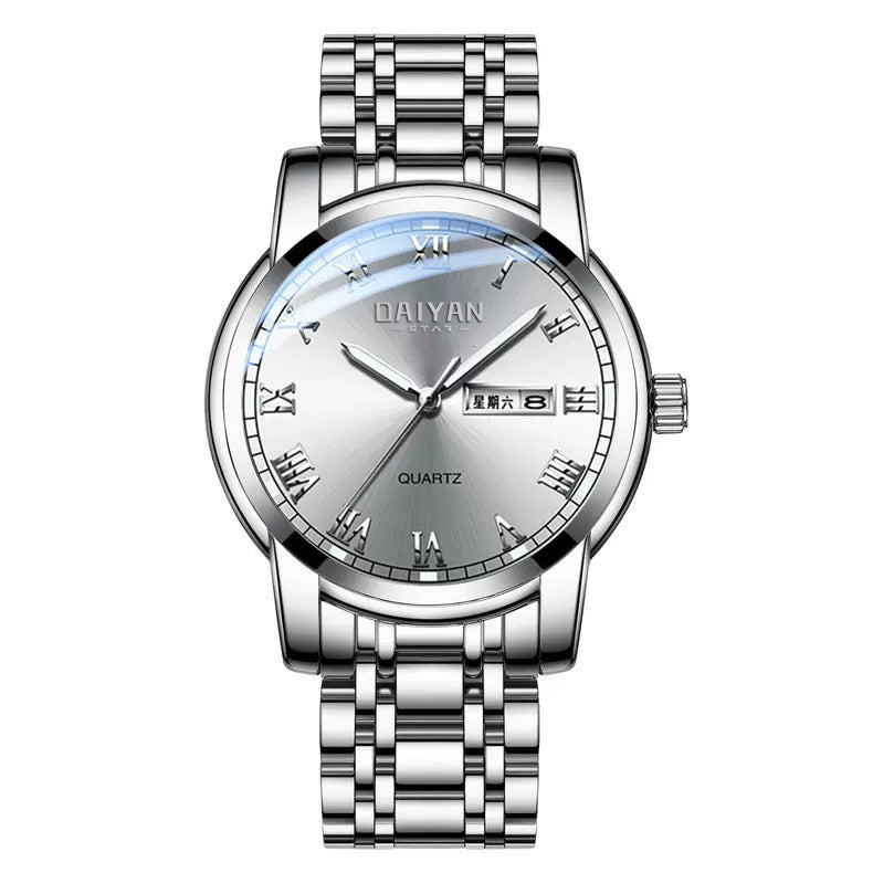 Stainless Steel With Double Calendar Quartz Watch Waterproof Luminous