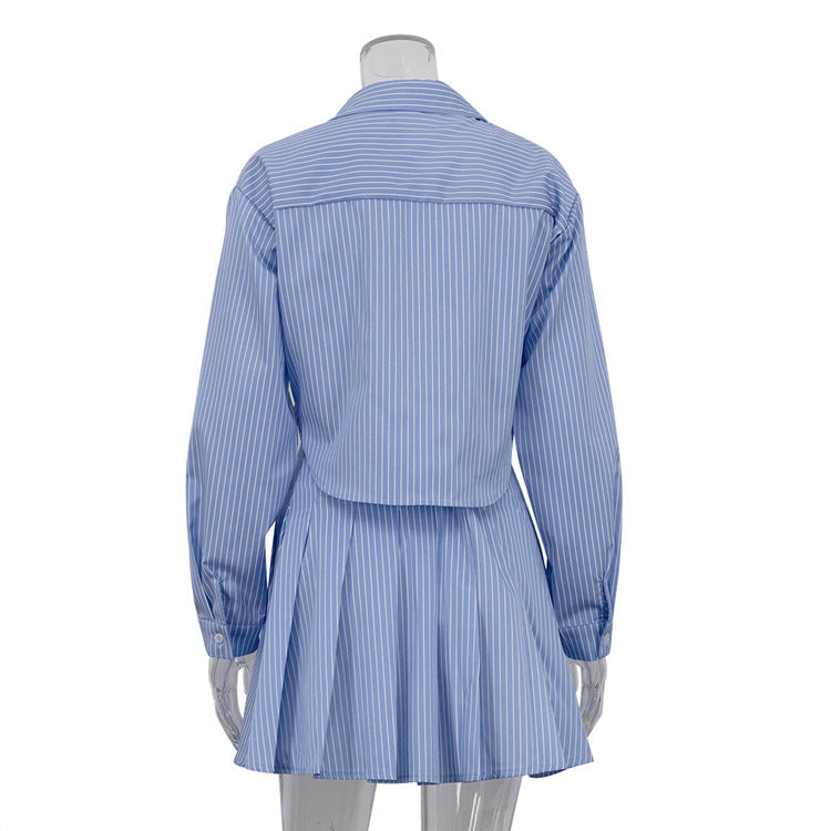 Fashionable Striped Collared Long-sleeved Shirt And Skirt Set