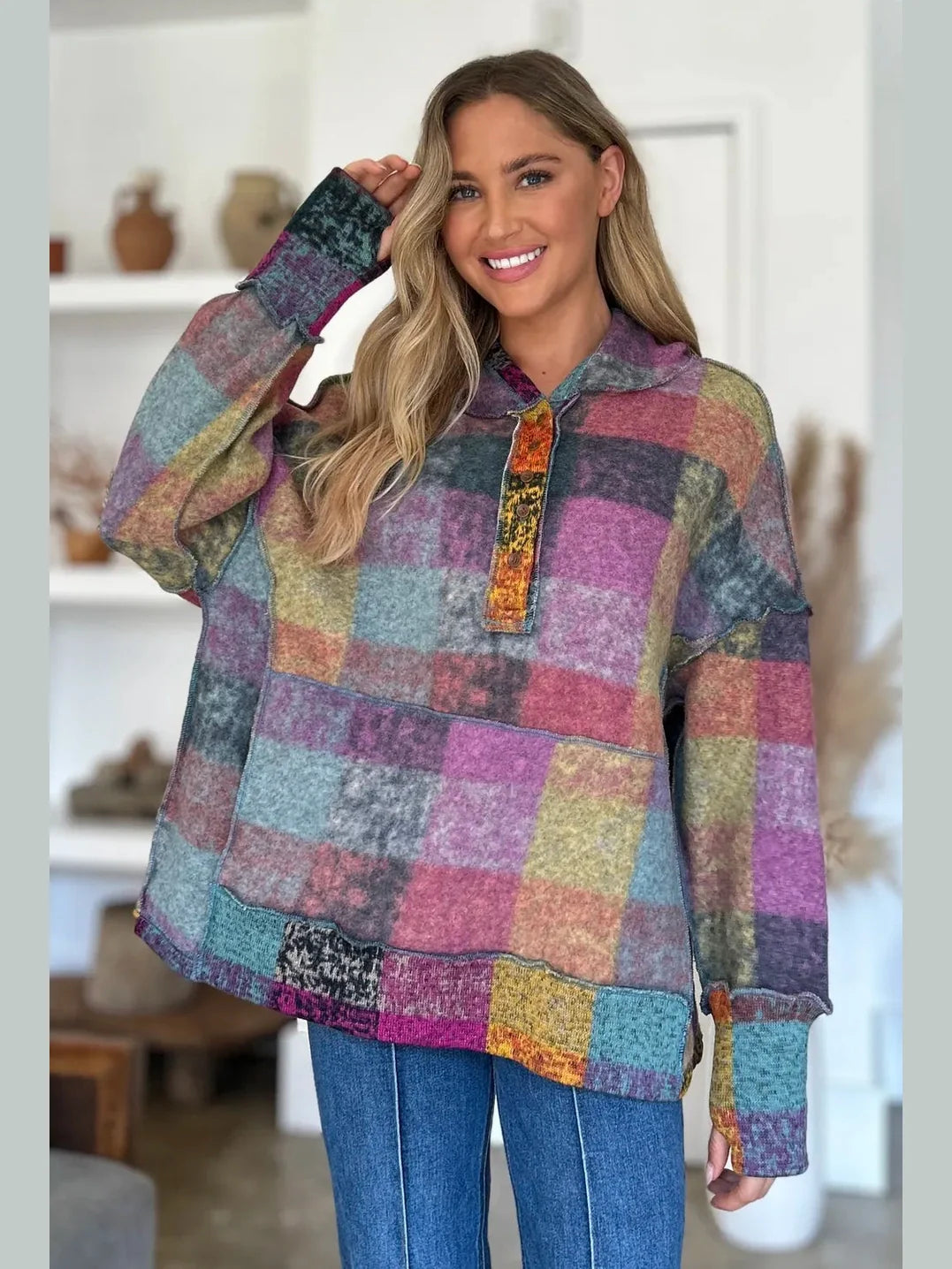 Double Take Full Size Plaid Dropped Shoulder Fleece Hoodie