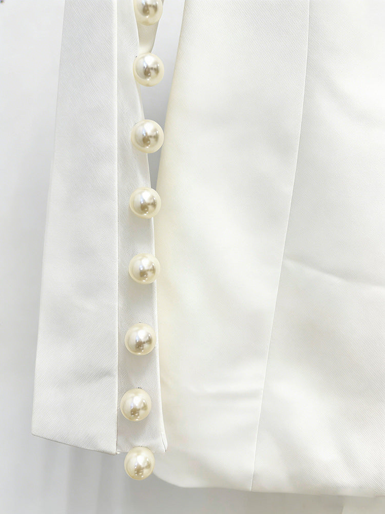 Pearl Embellished Peak Lapel Blazer & High Waist Full Flare Suit Trousers 2-Piece Set