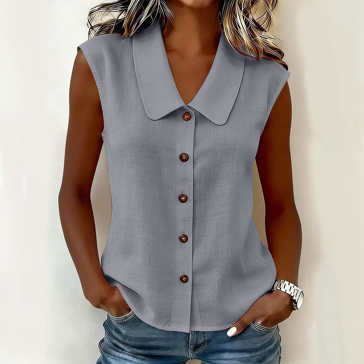 2026 Spring Summer Women S Elegant Business Polo Neck Button Down Blouse Without Sleeves