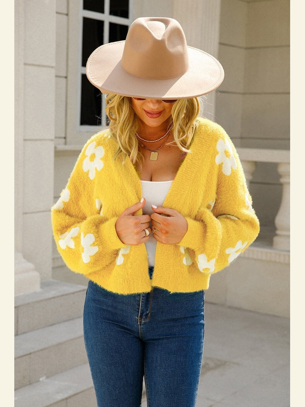 Women Floral Open Front Fuzzy Cardigan Sweater