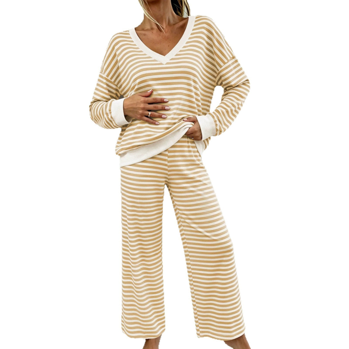 Women's Striped V Neck Loungewear Set  Loose Long Sleeve & Wide Leg Pants Soft Skin Friendly Two Piece Pajama Set