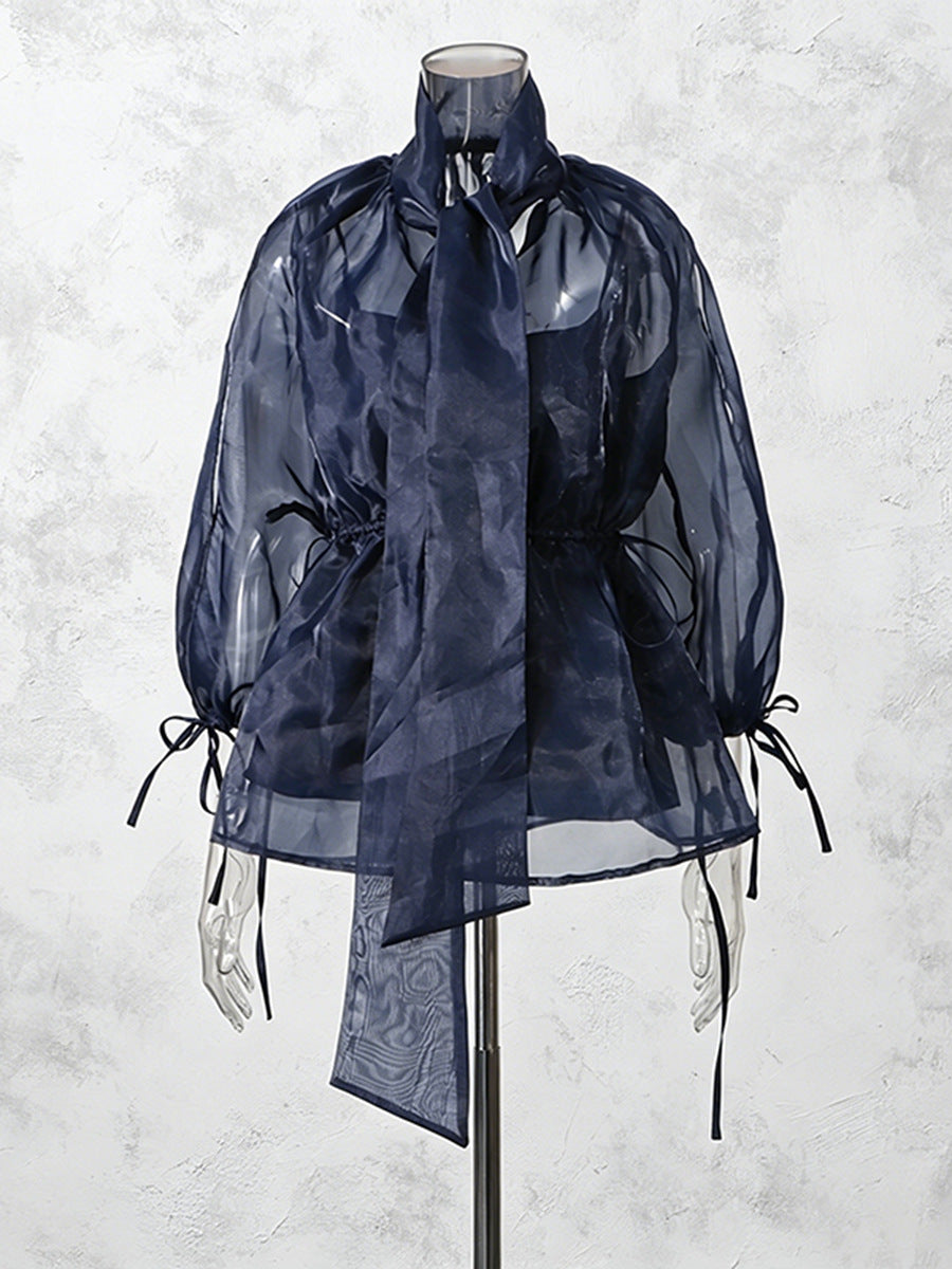 Navy Organza Bow Neck Drawstring Waist Sheer Long Sleeve Blouse