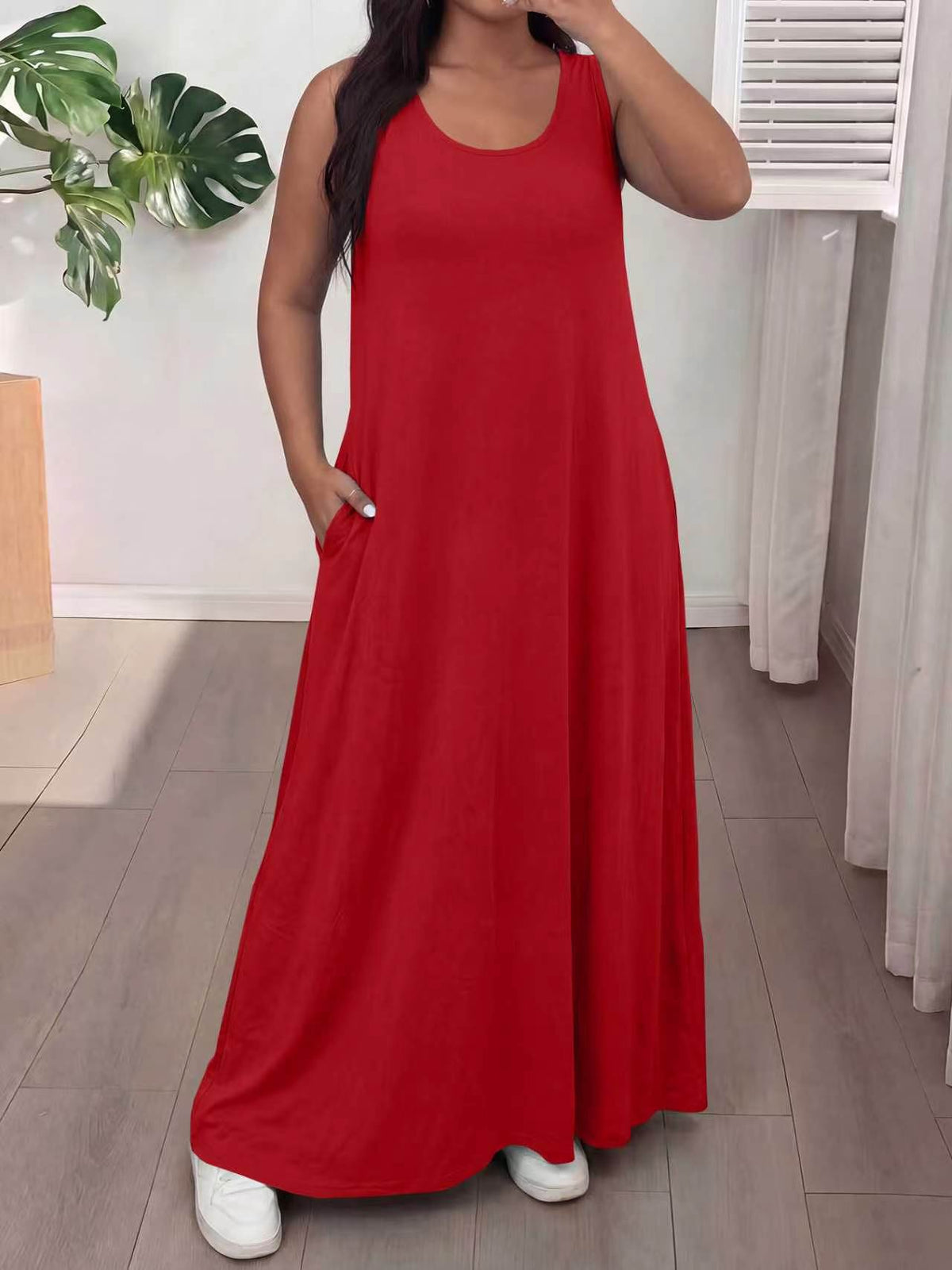 2026 Summer Womens Sleeveless Maxi Dress, U Neck Loose Casual Long Dress With Pockets