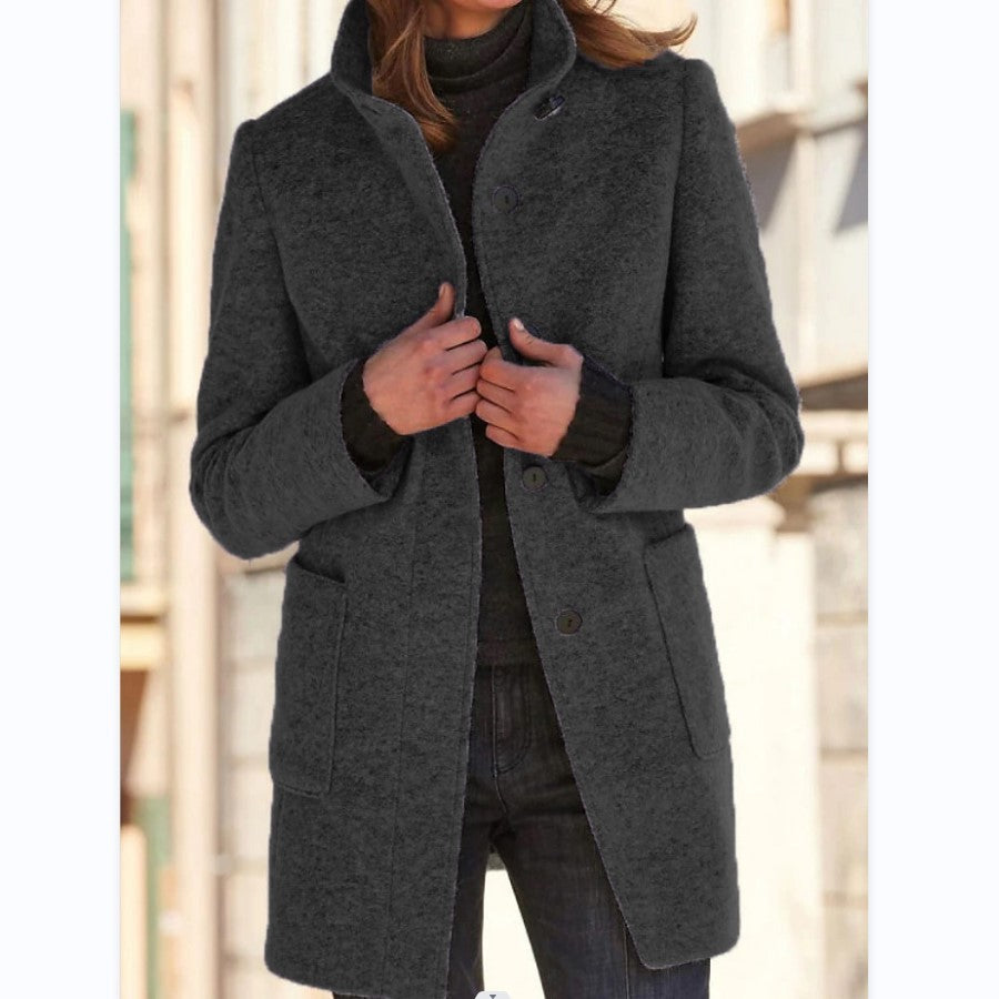 Women's Stand Collar Woolen Coat - Slim Fit Fall and Winter Button Front Trench Coat with Pockets
