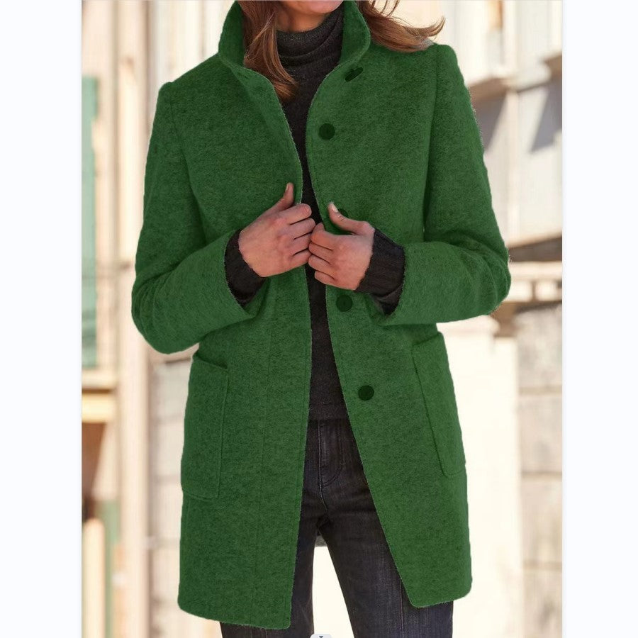 Women's Stand Collar Woolen Coat - Slim Fit Fall and Winter Button Front Trench Coat with Pockets